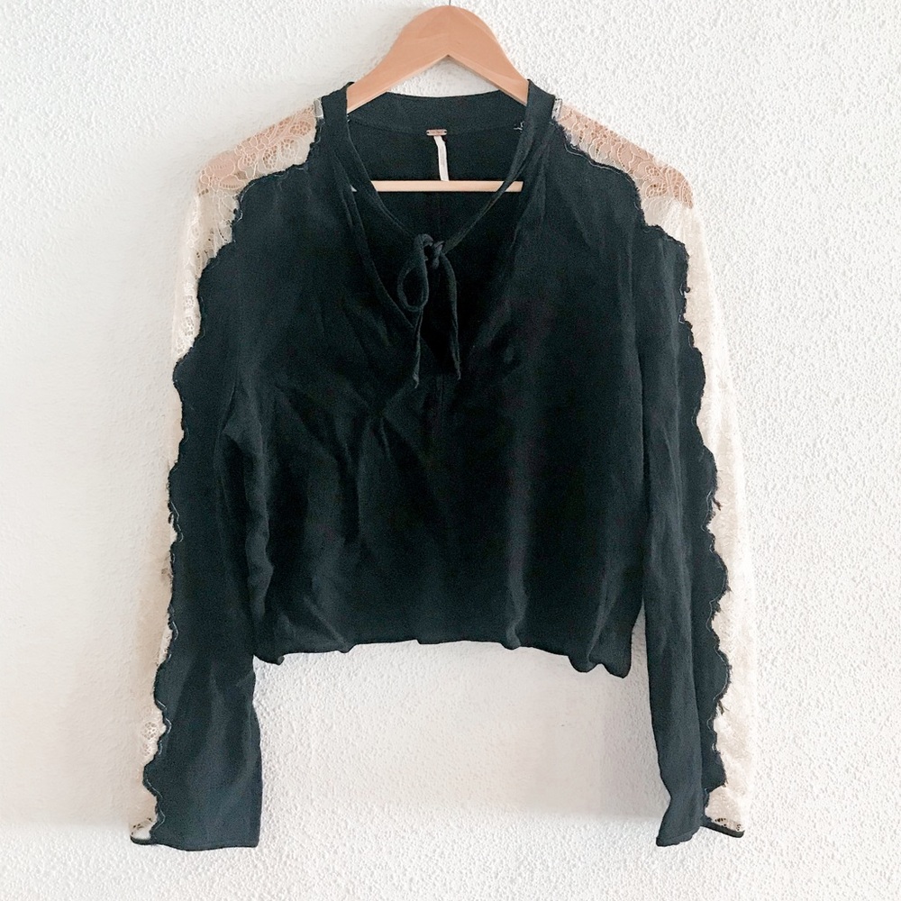 Free People Black Crop Top with Cream Lace Sleeves